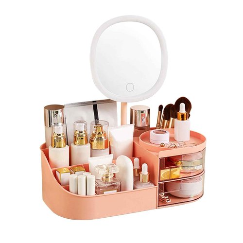 DASITON Makeup Organizer with Rechargeable Mirror,Makeup Brush Holder with 2 Drawers,Skincare and Cosmetics Organizer Countertop,Large Capacity Cosmetic Display Case for Vanity,Bedroom,Bathroom(Pink)