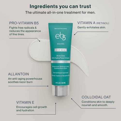 eb5 Men’s All-in-one Anti-Aging Face Cream | Formulated with Retinol, Vitamins E, B5, and A to Moisturize, Reduce Lines and Soothe Razor Burn - 4 Fl Oz
