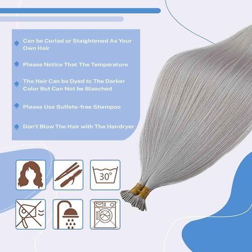 Silver I Tip Hair Extensions - Human Hair Pre-Bonded Cold Fusion Stick Tip Real Remy Hair Piece for Women - Invisible Keratin Microlink Extensions 16 Inch 100 Strands 50G