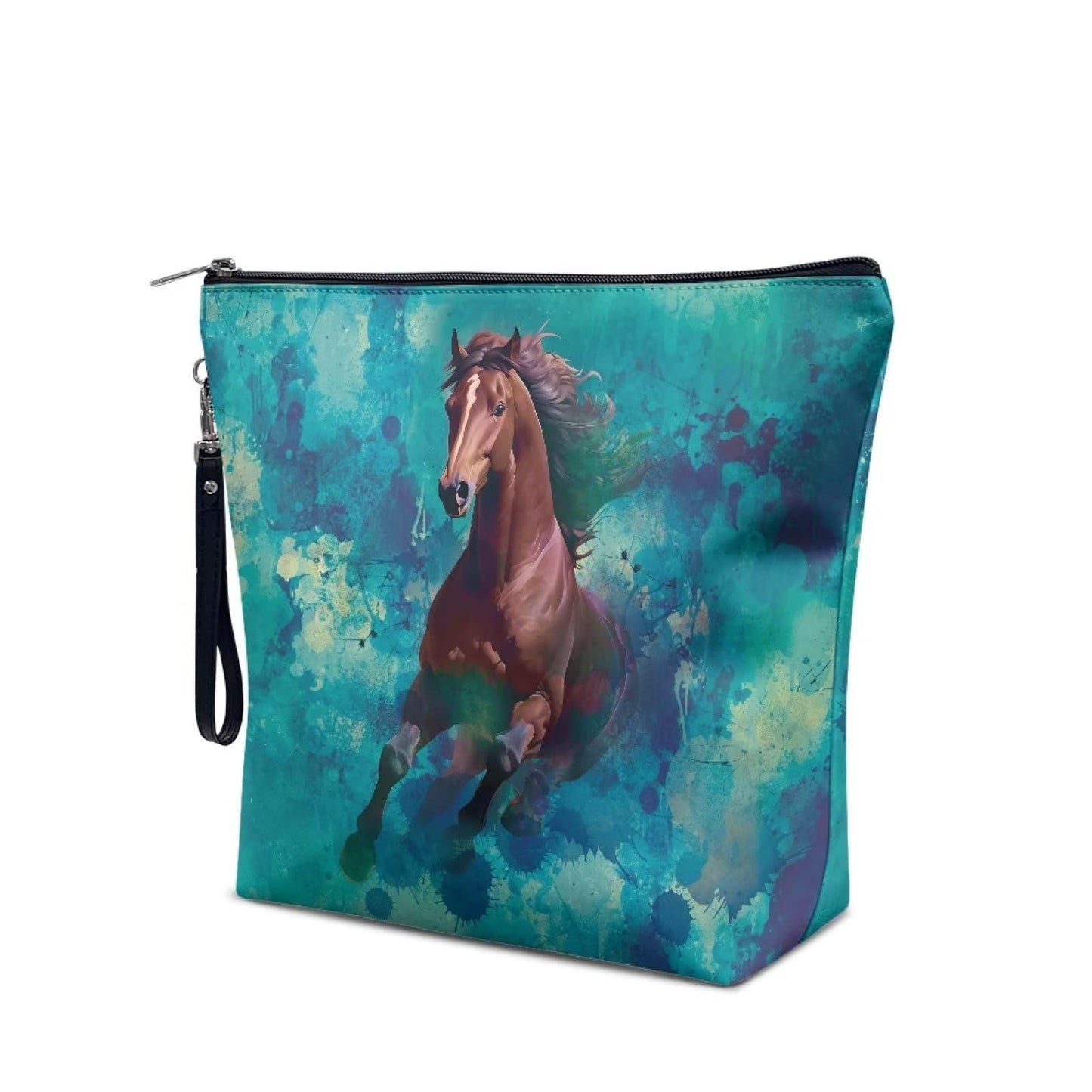 Wanzuoeng Handle Zipper Makeup Bag, 3D Horse Print Travel Bag, Large Capacity Leather Cosmetic Bag, Waterproof Portable Toiletry Bag