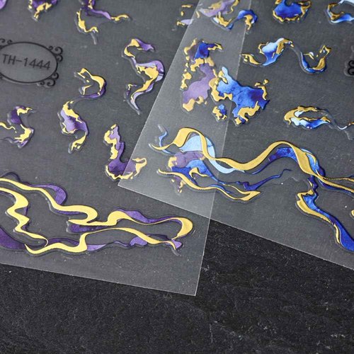 3D Gild Stamping Marble Nail Stickers, Blue Purple Marble Nail Art Stickers Bronzing Gold Nail Decals for Nail Art Supplies, Irregular Ribbon Nail Sticker Nails Design Self Adhesive Stickers for Nails