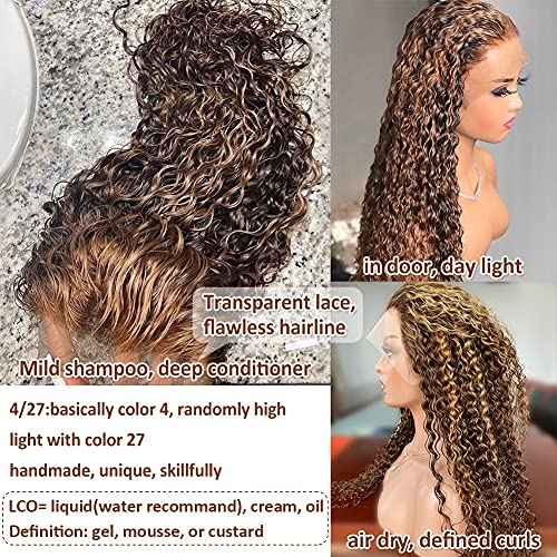 CYNOSURE 18 Inch Highlight Ombre Deep Curly Lace Front Wigs Human Hair 13x5 HD Transparent Lace Frontal Wig Honey Blonde Jerry Curly Wig Human Hair Pre Plucked 180 Density for Women