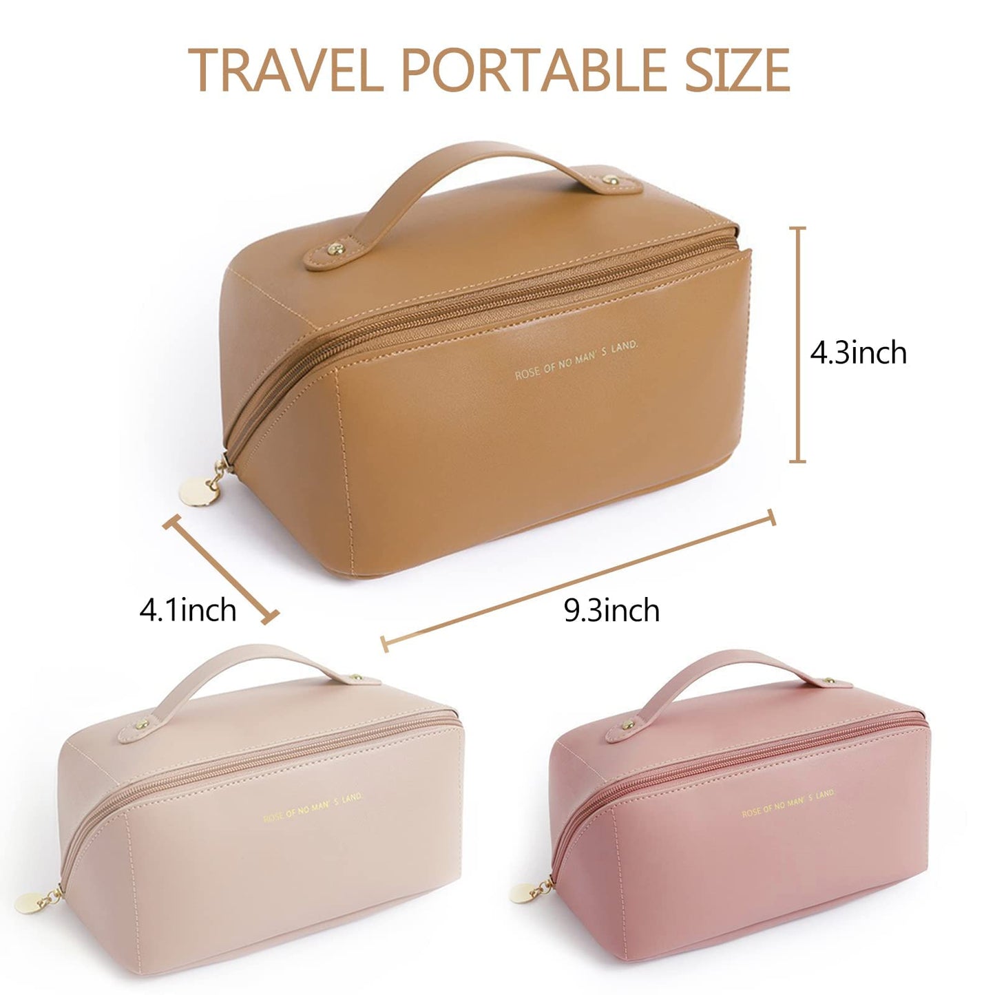 BAKLUCK Travel Makeup Bag Cosmetic Bag with Compartments Large Capacity Water Resistant PU Leather Makeup Bag Lay Flat Makeup Bag Portable Floral Makeup Bag for Women and Girl Caramel