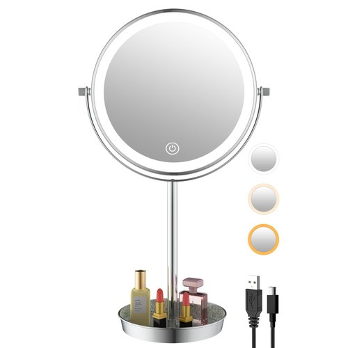 LANSI 8" Lighted Makeup Mirror with 3 Color Lights and 1X 10X Magnification, Magnifying Vanity Mirror with Jewelry Holder and Storage Base, Dimmable,Touch Control, Chrome
