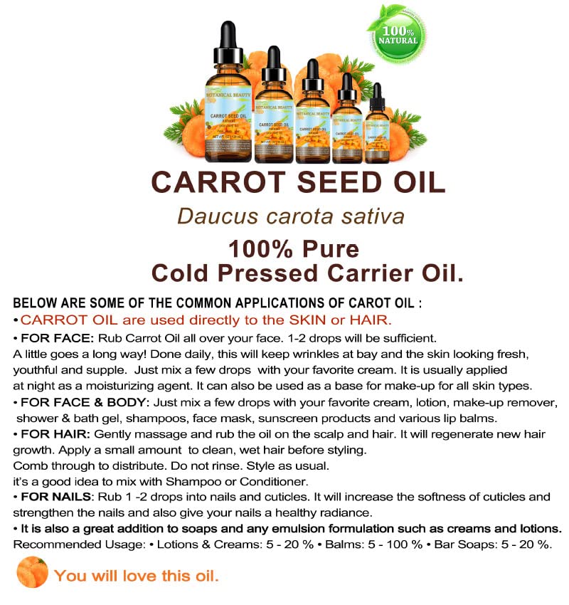 CARROT SEED OIL 100 % Natural Cold Pressed Carrier Oil. 0.33 Fl.oz.- 10 ml. Skin, Body, Hair and Lip Care. "One of the best oils to rejuvenate and regenerate skin tissues.” by Botanical Beauty