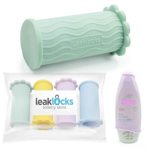 LeakLocks® Toiletry Skins™ Elastic Sleeve for Leak Proofing Travel Container in Luggage. For Standard and Travel Sized Toiletries. Reusable Accessory for Travel Bag Suitcase and Carry-on Luggage
