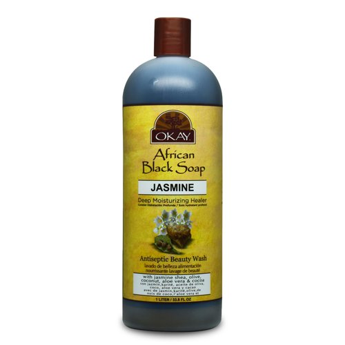 OKAY African Black Soap Liquid with Jasmine For Cleansing&Treating Skin Conditions Helps Achieve Beautiful,Healthier Looking Skin Sulfate,Silicone,Paraben Free For All Skin Types Made in USA 33oz
