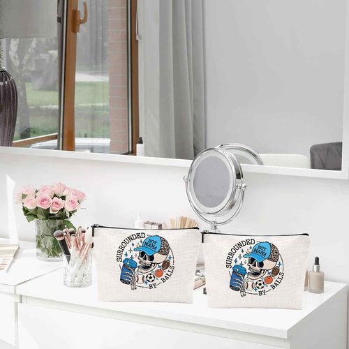 CQM 2pcs Skull Surrounded by Balls Makeup Bags, Baseball Soccer Basketball Football Cosmetic Bag, Sports, Mama, Skeleton, Travel Toiletry Bag for Women