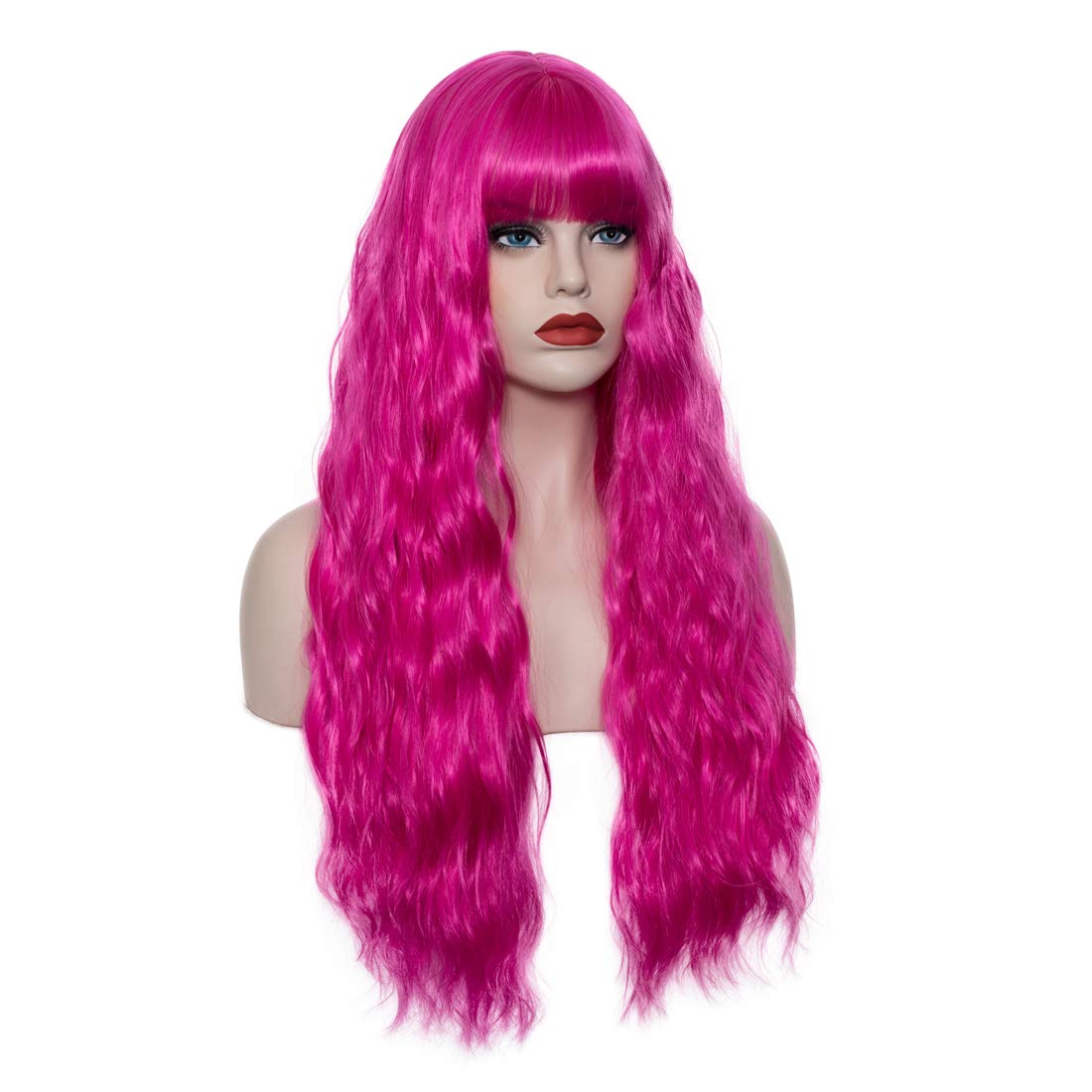 WGPFWIG Women's Hot Pink Wig 27 Inches Long Curly Wavy Hair Wig Heat Resistant Fibers Synthetic Wig For Women Girl Cosplay Party Halloween Wig Cap Included (Hot Pink)