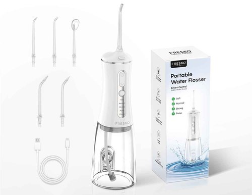 FRESKO Water Flosser with High Pulse & Constant Pressure Tech, Rechargable Oral Irrigator wih 10oz Water Tank, 2600mAh, IPX7, 4 Modes & 5 Tips for Travel