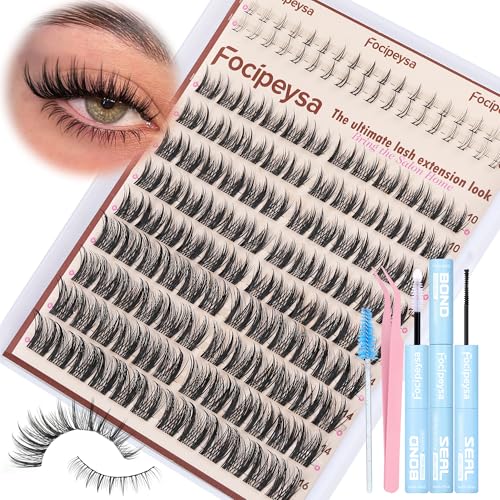 Focipeysa Wispy Lash Clusters Kit Spikes Eyelash Clusters Kit Manga Eyelash Extensions Kit with Bottom Lashes Individual Lashes Extensions Kit with Lash Bond and Seal Lash Tweezers