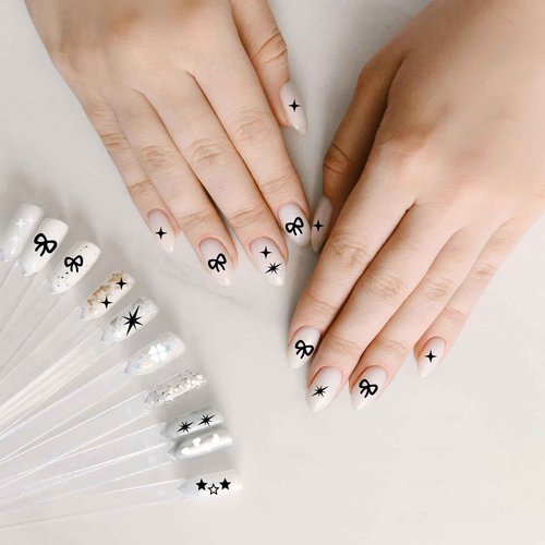 Abeillo 6 Sheets Nail Art Stickers, Star Heart Bows Nail Decals, Black White Nail Design Stickers, Self-Adhesive DIY Nail Charms for Women Girls Manicure Decoration