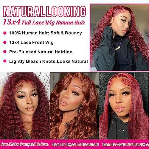 Reddish Brown Deep Wave Lace Front Wigs Human Hair 33b Colored 13x4 HD Lace Frontal Wig for Women 180% Density Auburn Glueless Curly Wig Pre Plucked 20 Inch