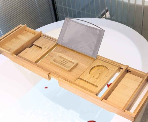 Bamboo Bathtub Caddy Tray Expandable for Luxury Bath, Bath Accessories & Table with Wine Glass Holder, Book Stand Bathroom Organizer with Extending Sides for Men/Women,Natural