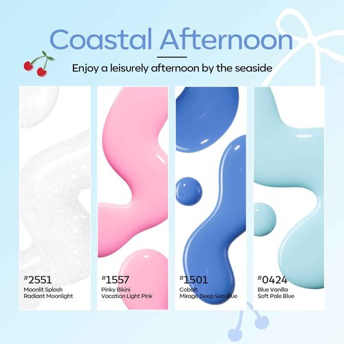 modelones Gel Nail Polish Kit with U V Light, Pearl White Glitter Baby Blue Light Pink Sky Blue Manicure Set with Cherry Stickers, Base Top Coat, 4 Colors Gel Mini Salon Starter Winter Christmas Gift