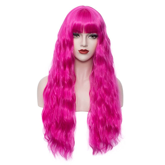 WGPFWIG Women's Hot Pink Wig 27''Long Curly Wavy Wig Shoulder Length Flat Bangs Wig For Women Girl Cosplay Party Halloween Wig Cap Included (27''Hot Pink)