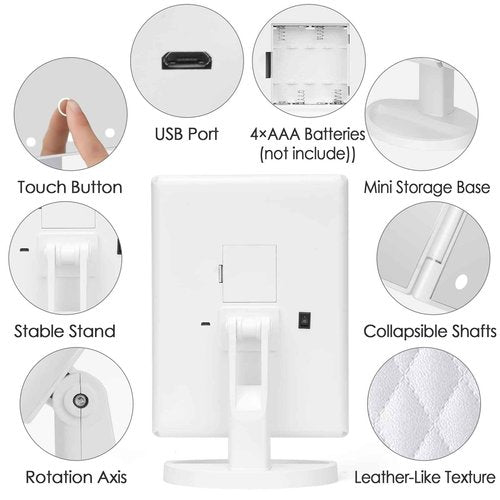 DenCert Makeup Mirror Vanity Mirror with Lights 1X 2X 3X 10X Magnification, Lighted Makeup Mirror, Touch Control, Tri-Fold Portable LED Makeup Vanity, Two Power Supply Modes, White