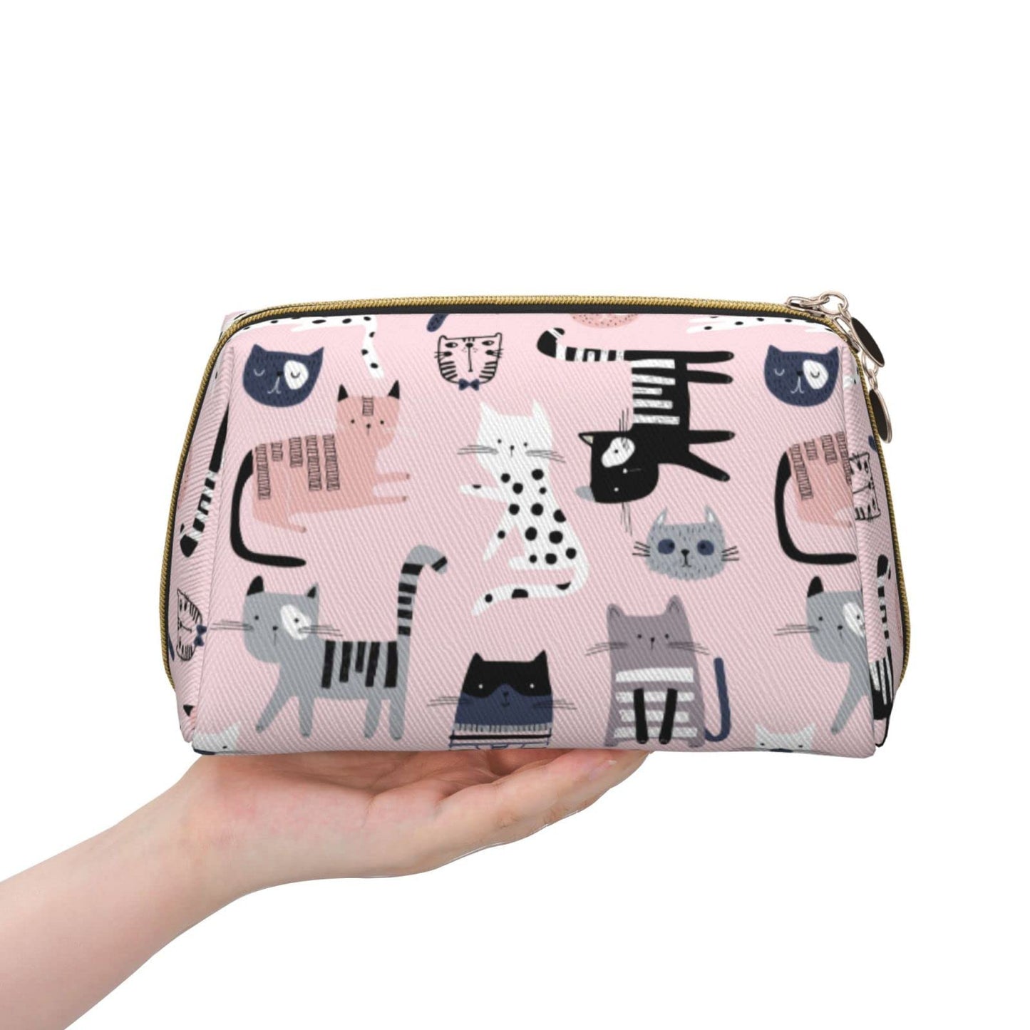 Cute Cat Large Travel Makeup Bag for Women Pink kitty Aesthetic Cosmetic Bag Toiletries Bags Large Capacity Leather Waterproof Kawaii Makeup Organizer Pouch