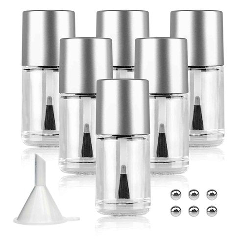 Agidea 6PCS Empty Nail Polish Bottles with Brush, Empty Refillable DIY Glass Nail Polish Bottles with Funnel & Mixing Balls (15ML, Silver)
