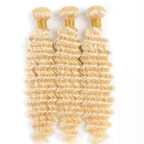FuivJuix 613 Blonde Bundles Deep Wave Bundles Human Hair 16 16 16 Inch Brazilian Virgin Hair Honey Blonde Deep Wave Bundles Human Hair Extensions 3 Bundle 50 Gram Per Bundle