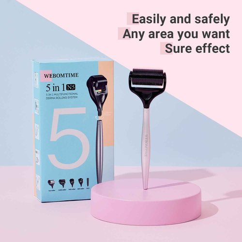 WEBOMTIME Derma Roller 5 in 1 Titanium Microneedle Steel Handle Face Ice Roller for Face Neck Scalp and Hair Growth – Micro Needling for Eye for Puffy Eyes and Serum Absorption