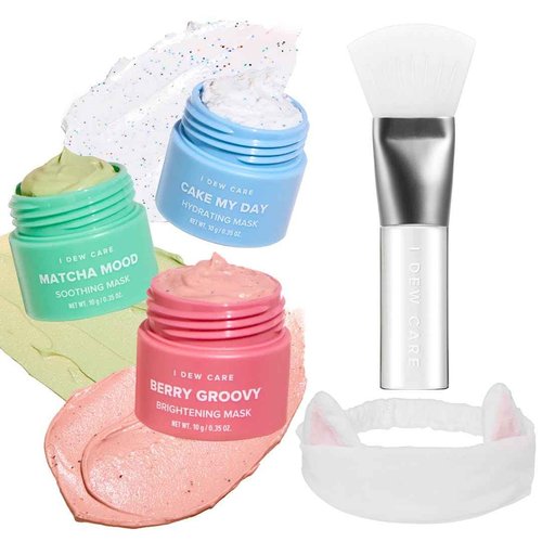 I DEW CARE Mini Scoops Wash Off Face Mask Skin Care Trio + White Cat Spa and Makeup Headband + Soft Silicone Face Mask Brush Bundle