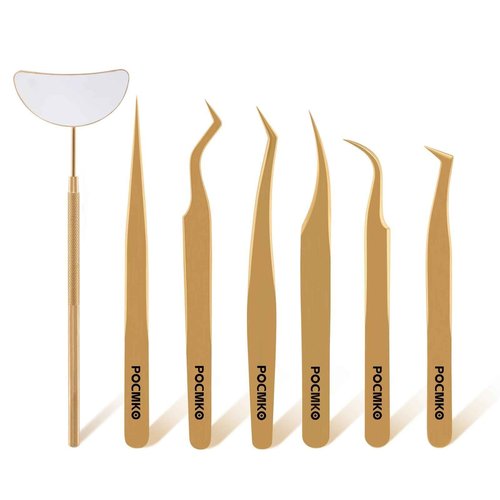 POCMKO Lash Tweezers for Eyelash Extensions, Professional Eyelash Tweezer Set, Lash Extension Tweezer Kit (Set of 7, Gold)