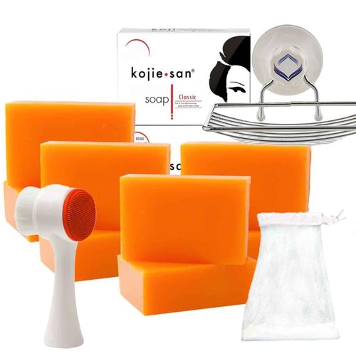 Kojie San Face & Body Shower Set - The Original Kojic Acid, Dark Spot Remover Bar Soap with Coconut & Tea Tree Oil – 65g x 8 Bars with Leafa Soap Net, Brush and Soap Dish