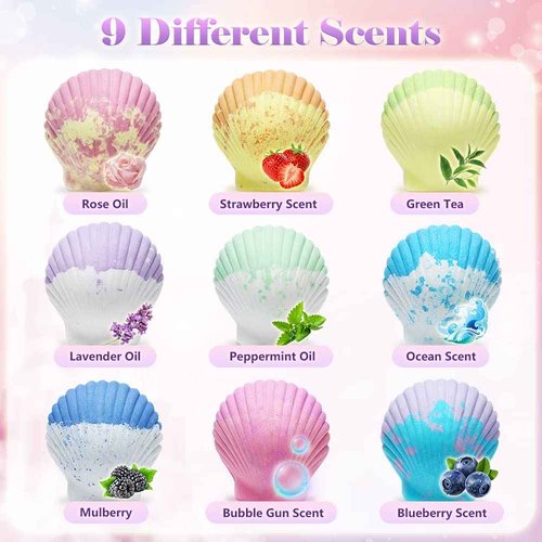 Tacobear Shell Bath Bombs for Kids Girls with Surprise Inside, 9Pcs Big Organic Natural Bubble Bath, Jewelry Set, Crown, Magic Wand, Sticker, Easter Basket Stuffers Mermaid Christmas Birthday Gift Toy