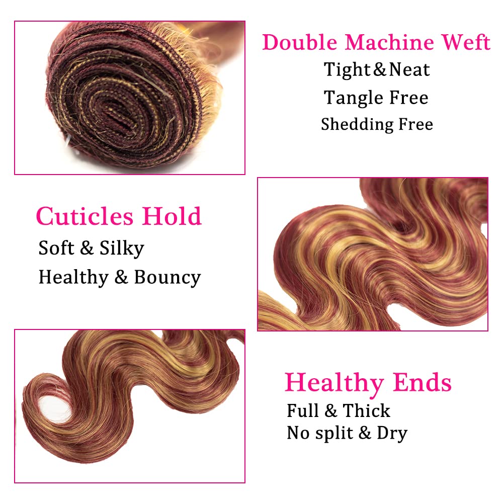 Honey Blonde Bundles 27 Human Hair Bundles Highlight Body Wave Human Hair Bundles Brazilian Unprocessed Virgin Hair 3 Bundles 8 10 12 inch P27/99J Bundles Burgundy Body Wave Bundles