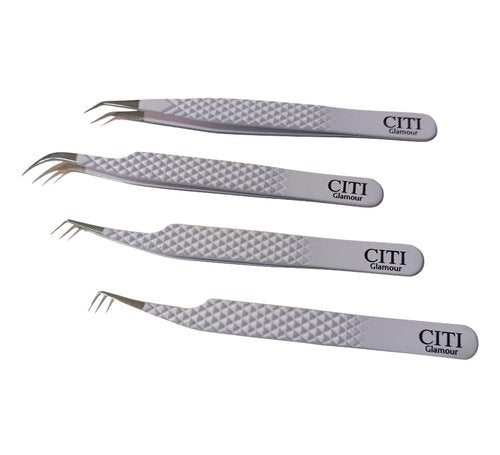CITI GLAMOUR Lash Tweezers For Eyelash Extension set of 4 with Diamond Grip and Precise Fiber Tip For Volume,Mega Volume And Classic Lashes,Ideal for Lash Artist and at home use