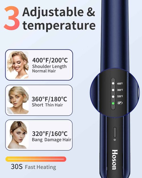 Hoson Cordless Hair Straightener,Portable Mini Flat Iron Travel for Bangs,Short Hair, Rechargeable Curling Iron and Curler 2 in 1,Blue,for Touch Ups