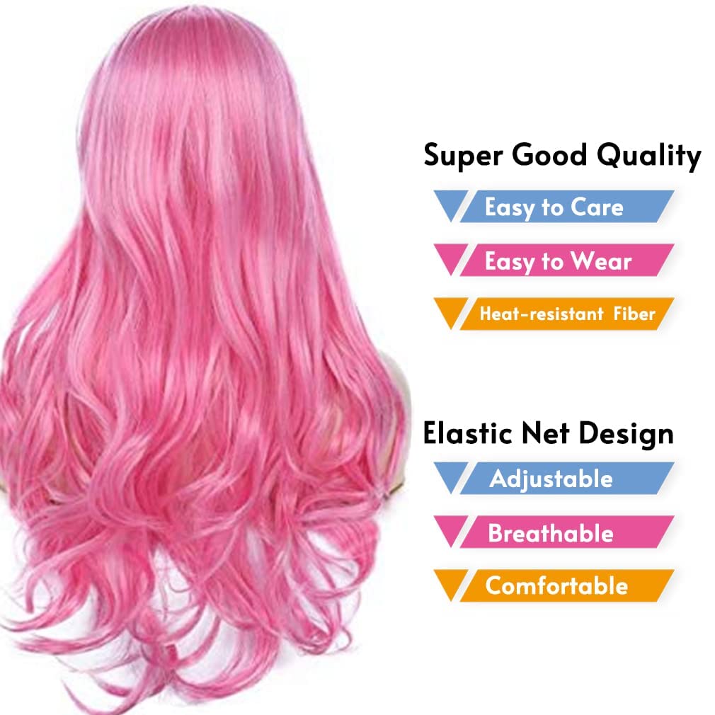 Wiwige Hot Pink Wig for Women Long Wavy Curly Middle Part Nature Looking Heat Resistant Synthetic Cosplay Costume Halloween Party Wig with Wig Cap