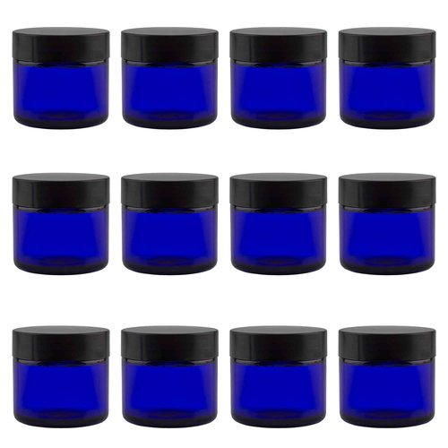 Cornucopia Brands 2oz Cobalt Blue Glass Cosmetic Jars (Pack of 12) Straight Sided Jars w/Black Plastic Lined Lids for Balms, Cosmetics, Creams & More
