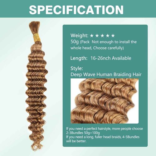 Deep Wave Bulk Human Braiding Hair 50g 22 Inch Honey Blonde Human Braiding Hair for Boho Braids 1 Bundle/Pack No Weft Color 27# 100% Brazilian Human Braiding Hair Extensions for Micro Braiding