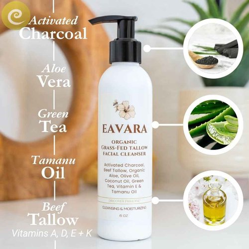 Eavara Beef Tallow Face Wash – Natural and Hydrating with Activated Charcoal, Aloe, Hyaluronic Acid, and Green Tea – Facial Cleanser with Grass Fed Beef Tallow – Face Wash for Women and Men – 6oz Pump