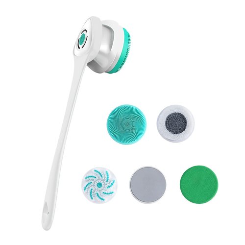 AZKSUN Electric Shower Brush, Body Scrubber, Facial Brush, Exfoliate, with 5 Shower Heads（White）