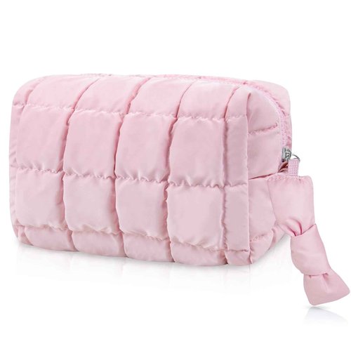 Gosect Puffy Quilted Makeup Bag, Cute Checkered Cosmetic Bags with Divider, Waterproof Travel Toiletry Bag, Make up Pouch for Women & Girls Travel Essentials (Bow, Pink, Medium)