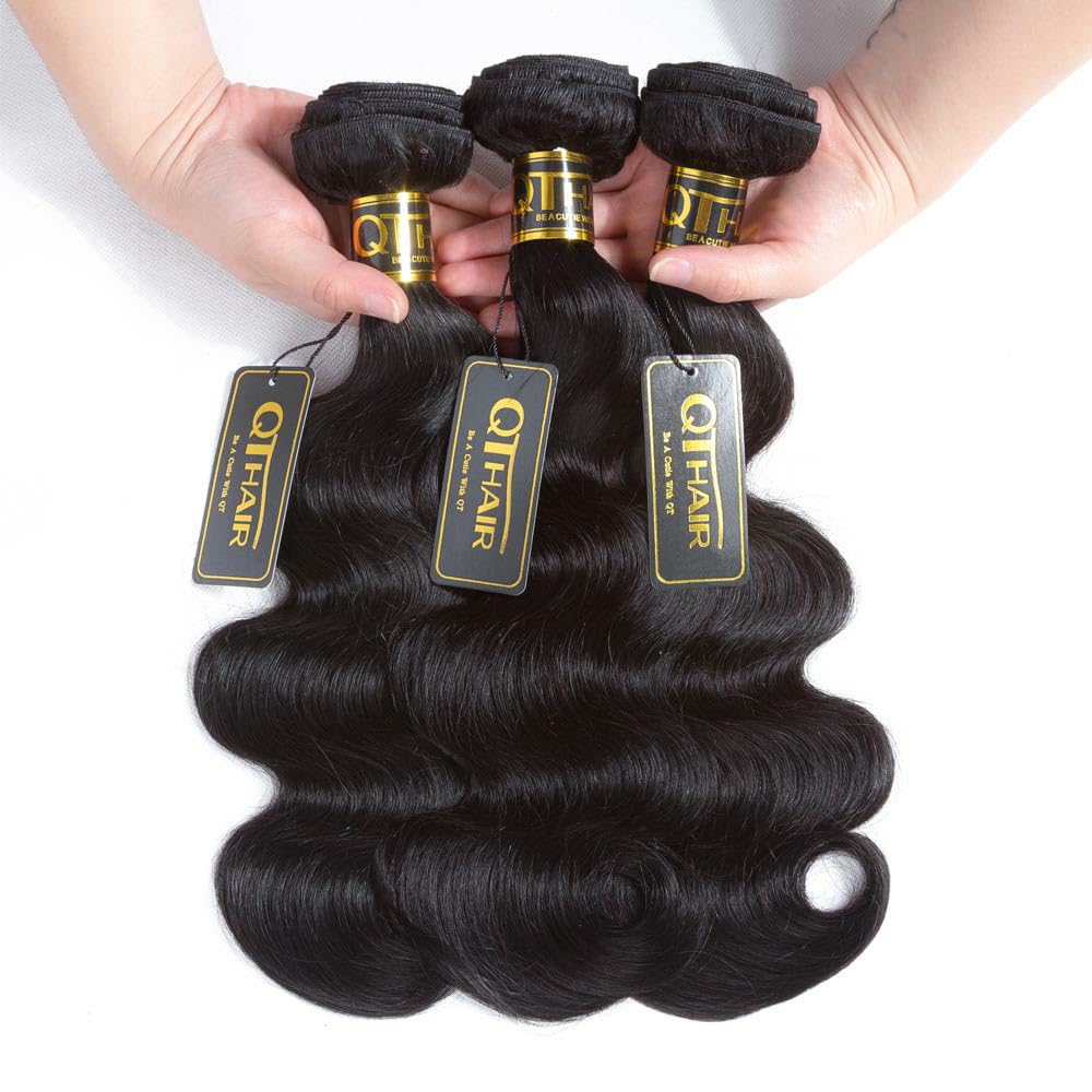 QTHAIR 14A Grade Brazilian Virgin Body Wave Hair (12 14 16,300g/10.5OZ,Natural Black)100% Unprocessed Brazilian Body Wave Virgin Human Hair Extensions Body Wave Brazilian Human Hair for All Women