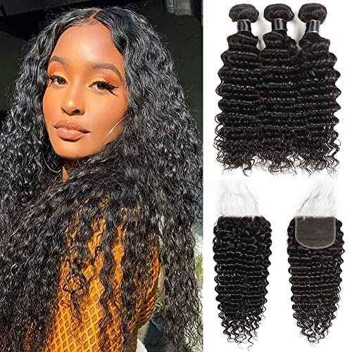 Deep Wave Bundles With Closure (18 20 22+16) Wet and Wavy Human Hair 10A Brazilian Virgin Curly Hair Weave 3 Bundles With 4x4 HD Lace Closure Free Part Natural Color