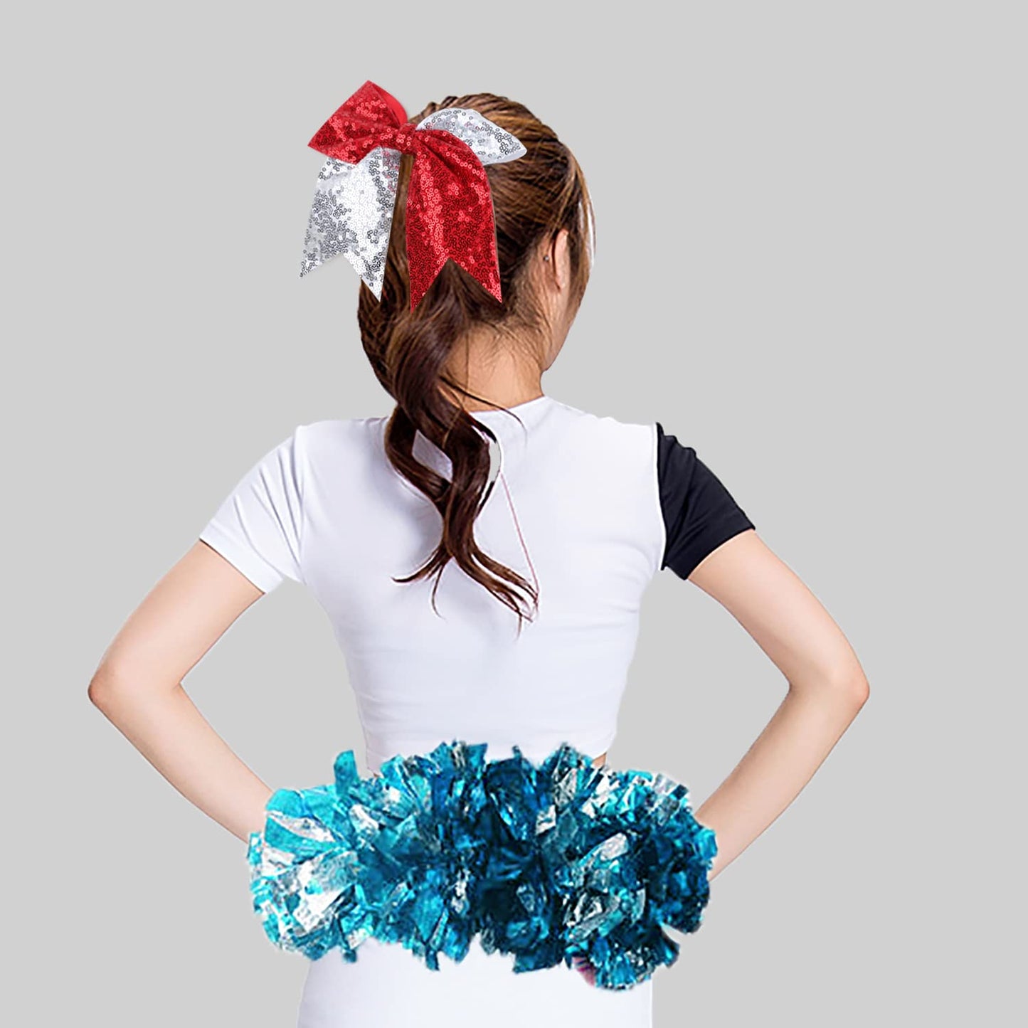 Oaoleer 12PCS 7" Sequin Glitter Cheer Bows - Large Sparkly Cheer Hair Bows for Girls - Competition Cheerleader Bows - Ponytail Holder with Elastic Band Hair Tie for Cheerleading Team Sports, Silver