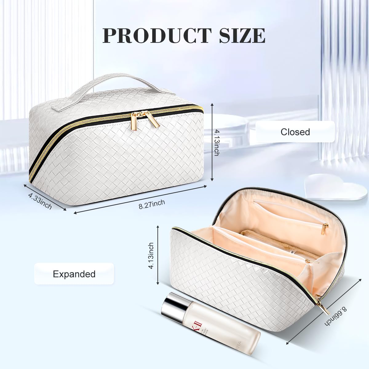 DTBG Travel Makeup Bag: Large Capacity Cosmetic Bag for Women, Portable PU Leather Waterproof Stuff Bag With Handle and Divider Flat Lay Makeup Pouch Toiletry Bag Birthday Gift for Women - White