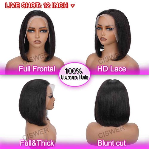 CISWER Short Bob Wig Human Hair Straight 13x4 Lace Front Wig Human Hair Bob Wigs for Black Women Glueless 180 Density Black Wig 12 Inch