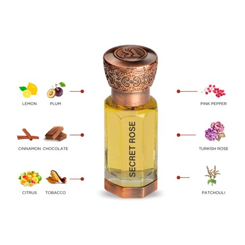 Swiss Arabian Secret Rose - Luxurious Concentrated Perfume Oil - Long Lasting Artisan Perfume with Notes of Lemon, Cinnamon, and Citrus - 0.4 oz