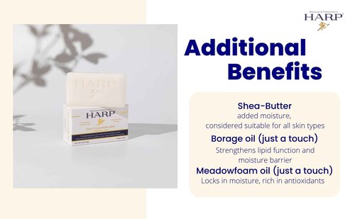 HARP pH-Balanced (5.0-6.0) Body Wash Bar. 100% Syndet. Protects Moisture Barrier For Sensitive, Dry or Irritated skin. + Shea Butter/Borage Oil. Non-Comedogenic. FRAGRANCE FREE