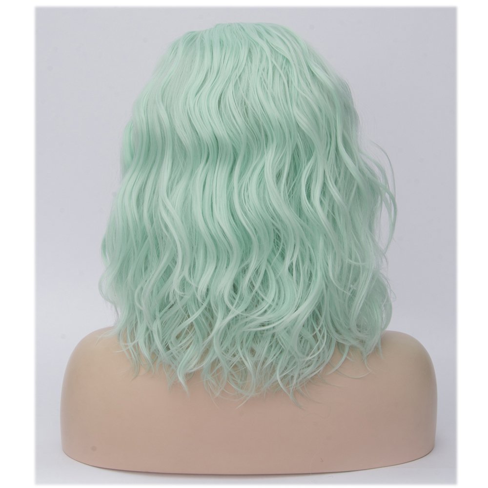 BERON 14" Green Wigs for Women Short Curly Bob Wavy Wig Girls Mint Green Colored Body Wave Heat Resistant Synthetic Cosplay Party or Daily Wigs