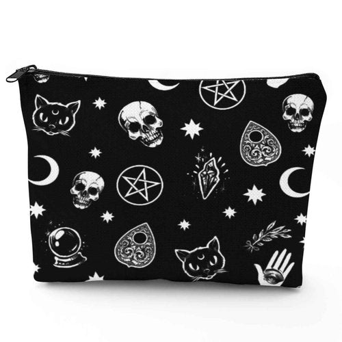 Franala Halloween Makeup Bag Gothic Skull Cat, Large Capacity Portable Toiletries with Lined, Goth Zipped Cosmetic Bag Pouch for Women, Travel Shopping Accessories Birthday Gifts
