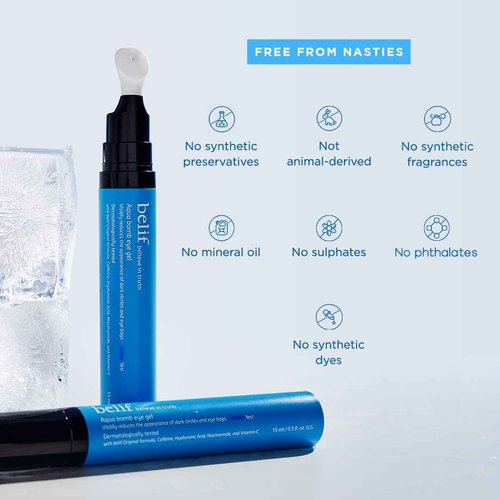 belif Aqua Bomb Cooling Eye Gel - Caffeine & Hyaluronic Acid for Puffiness & Hydration, Niacinamide & Vitamin C for Dark Circles, Adenosine & Collagen for Plumping & Firming, Korean Skin Care