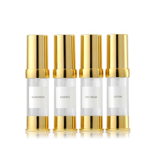XQNCBY Gold 15ML 0.5 oz Airless pump bottle Toiletries Travel Size containers airport essentials Dispenser with Box Reusable mini lotion plastic travel bottles 4 Packs