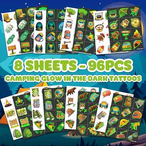 96PCS Camping Camp Camper Campfire Pre-Cut Luminous Glow in the dark Temporary Tattoos for Kids | Super Cute Themed Birthday Party Favors Supplies Decorations, Fake Tattoos Gifts for Boys Girls